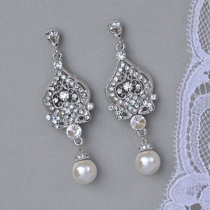 Chandelier Crystal & Pearl Earrings, Pearl Drop Vintage Bridal Earrings, Bridesmaids Jewelry, LUCY3