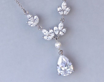 Crystal Y Necklace, Crystal Bridal Necklace, Teardrop Crystal & Pearl Necklace, Bridal Jewelry, HAYLEY Y