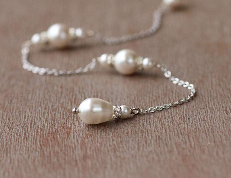 Pearl Backdrop Necklace, Minimal Pearl Necklace, Pearl Wedding Back Necklace, Pearl Bridal Jewelry image 7