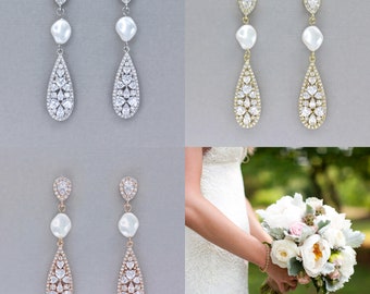 Crystal Teardrop Bridal Earrings, Silver Crystal & Pearl Earrings, CLIP ON Earring Option, Bridal Jewelry, RITA