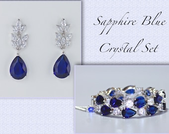 Blue Jewelry Set, Crystal Earrings & Bracelet Set, Bridal Jewelry Set, Sapphire Blue Crystal Jewelry Set,