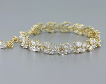 Pulsera de novia de cristal de oro, pulsera de cristal marquesa, pulsera de oro hoja de cristal, joyería de boda de oro, CLEO