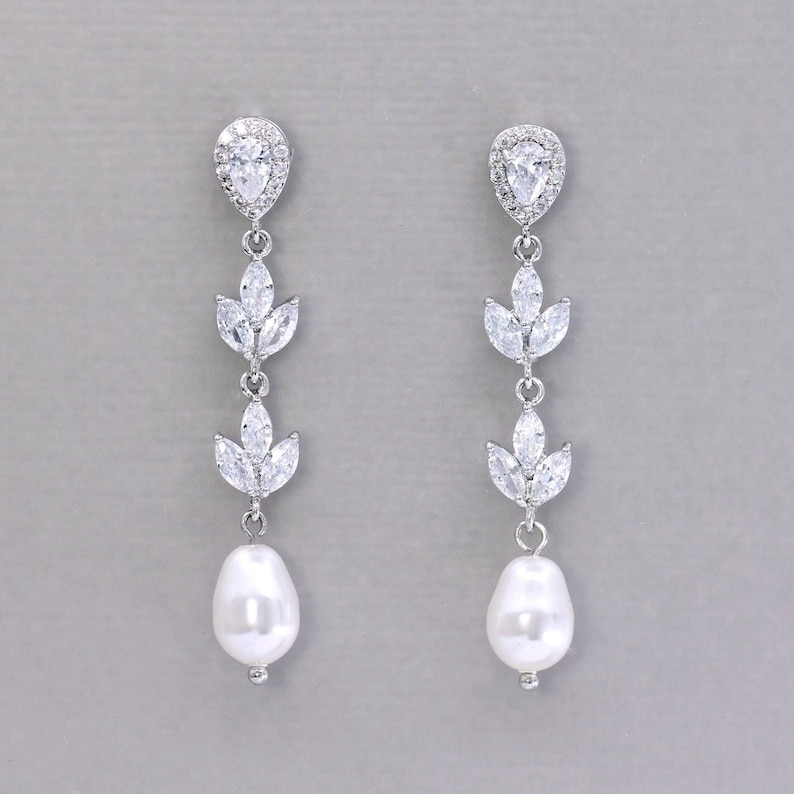 Long Pearl Drop Crystal Earrings Clip on Earring Option - Etsy