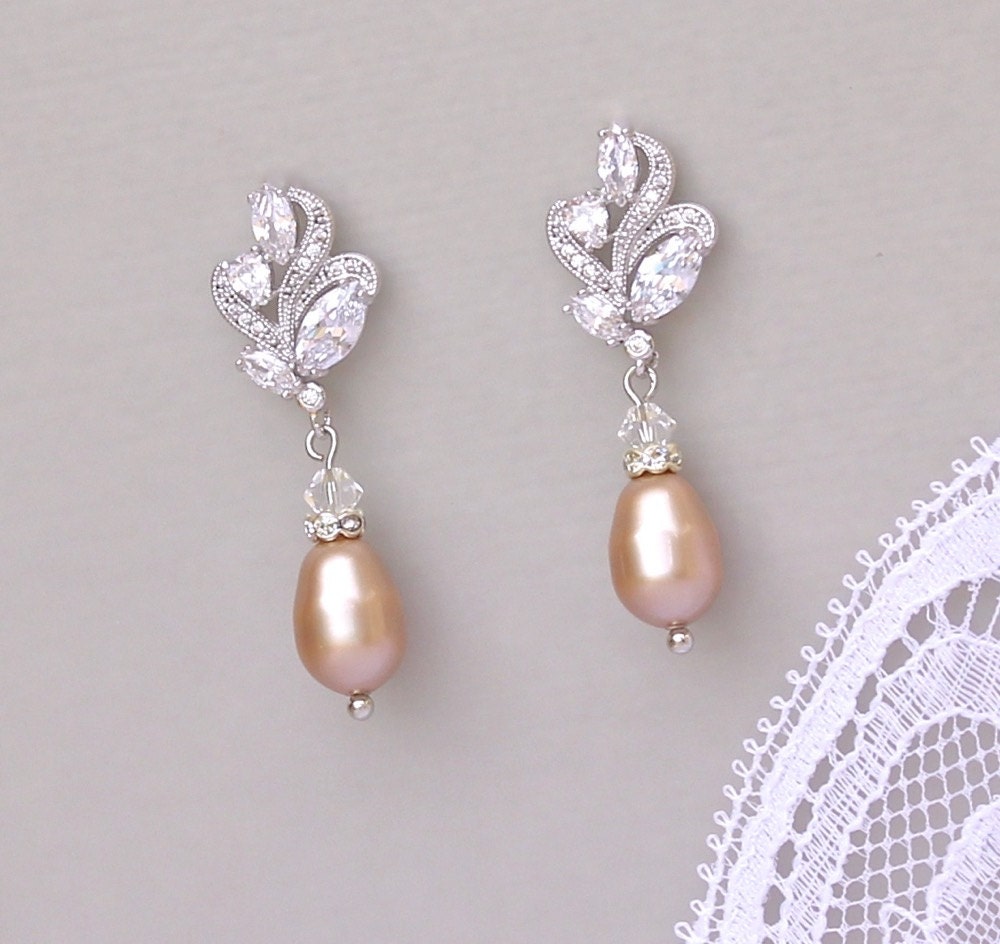 Bridal Earrings Champagne Pearl Earrings Blush Pearl Drop | Etsy