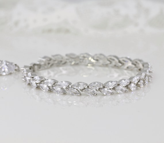 White Gold Crystal Bridal Bracelet, Marquise Rhodium Tennis Bracelet,  Silver Tone Crystal Zircon Bracelet HAYLEY C
