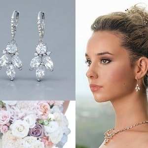 Crystal Marquise Bridal Earrings White Gold, Silver Tone Leafy Zircon Drop Earrings, Rhodium Crystal Bridal Wedding Jewelry DARCY