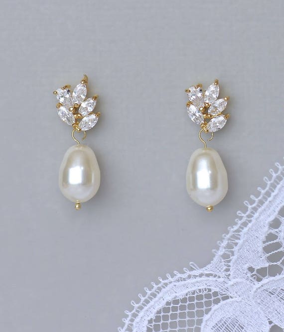Crystal Pearl Drop Gold Earrings Gold Pearl Bridal Earrings | Etsy