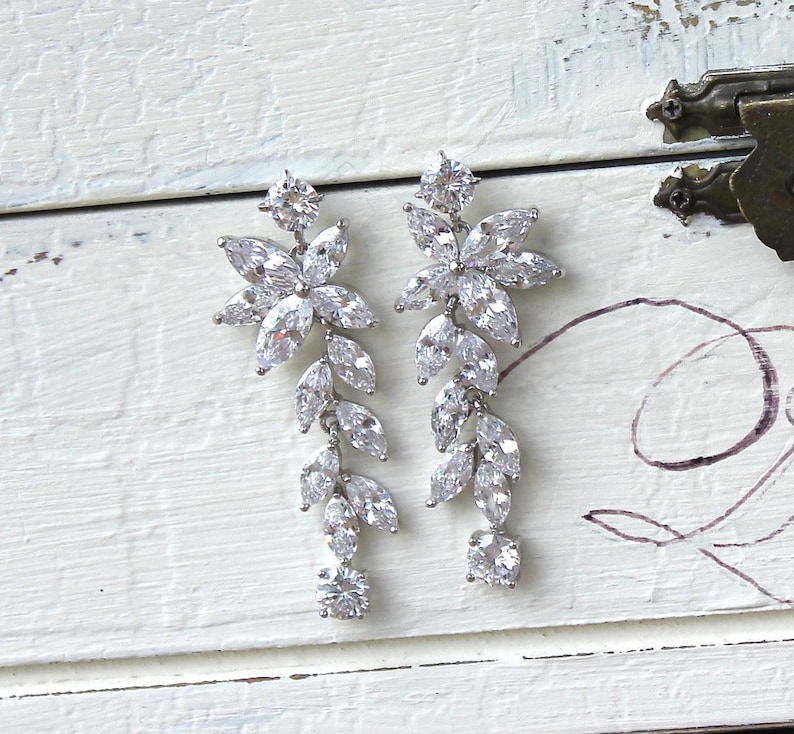 Crystal Chandelier Bridal Earrings, Silver Marquise Long Crystal Earrings, Maxime image 5