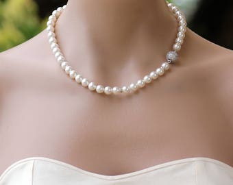 Pearl Bridal Necklace, Single strand short, Swarovski Pearl and Crystal Wedding Necklace,  Wedding Jewelry Bridesmaids Necklace  SARAH