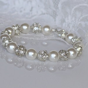 Pavè Crystal Pearl Bracelet,  Pearl Bridal Bracelet, Ivory White Pearl Cuff,  Pearl Bridesmaids Bracelet, CARMEN 3