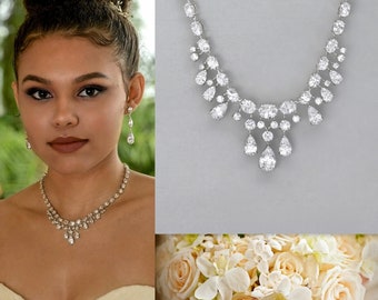 White gold Rhodium Crystal Chandelier Necklace, Silver Teardrop Crystal Bridal Necklace,  SYDNEY