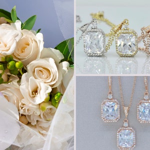 Square Crystal Jewelry Set,Rose Gold Emerald Cut Crystal Bridal Earrings & Necklace Set, Gold and Silver sets EMILIA