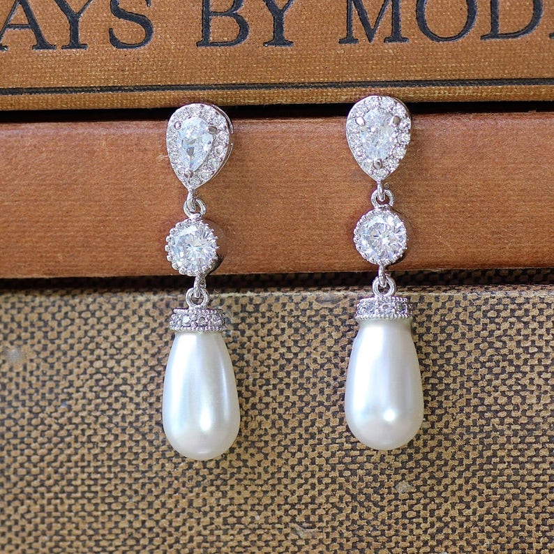 Pearl Bridal Earrings, Pearl Drop Earrings, Crystal & Pearl Wedding Earrings, Silver Pearl Earrings, AUDREY Pearl image 6