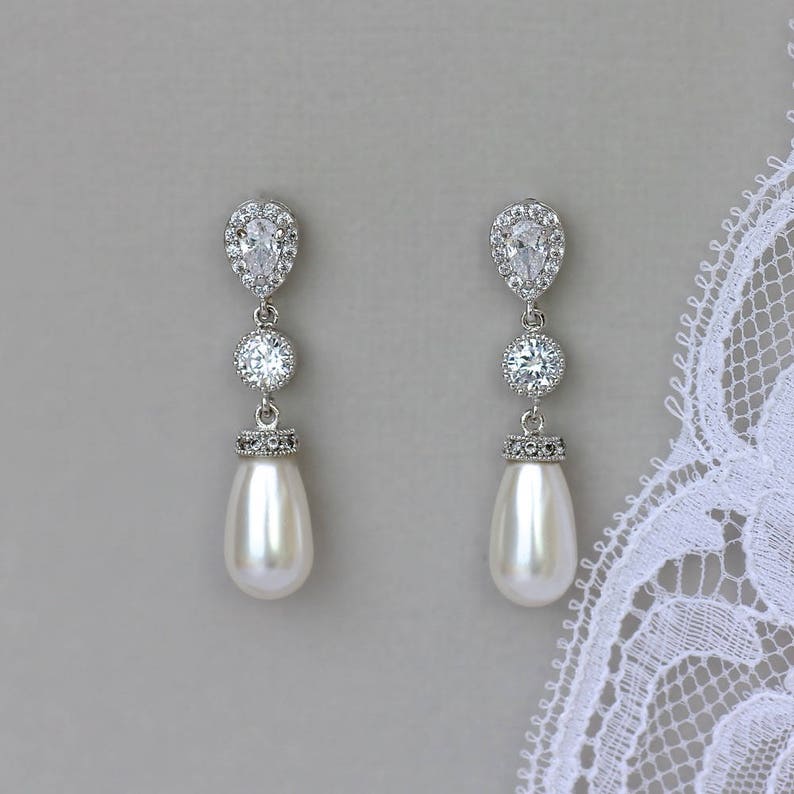 Pearl Bridal Earrings, Pearl Drop Earrings, Crystal & Pearl Wedding Earrings, Silver Pearl Earrings, AUDREY Pearl image 1