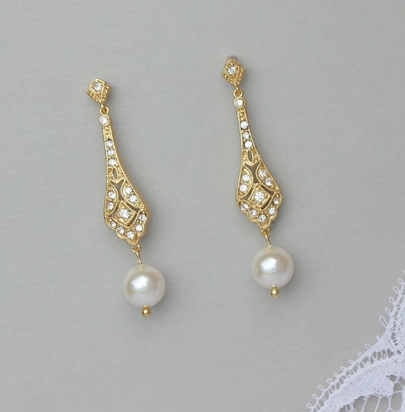 Gold Bridal Earrings Pearl Drop Earrings Gold Gold Crystal | Etsy