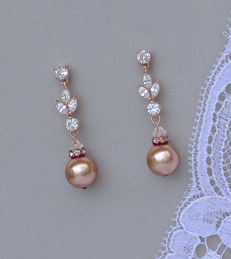 Rose Gold Crystal Earrings, Pearl Drop Bridal Earrings, Pearl Bridal Jewelry, Wedding Earrings, ASHLEY RGP