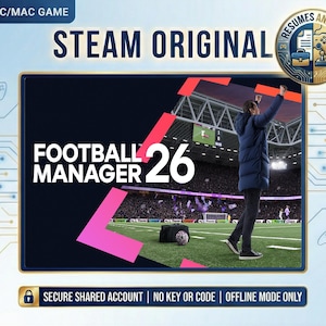Puede incluir: Imagen promocional de "Football Manager 26" con una persona en un campo de fútbol con los brazos levantados. El título del juego se muestra con "STEAM ORIGINAL". El texto incluye "PC/MAC GAME" y "RESUMES AND FUN".