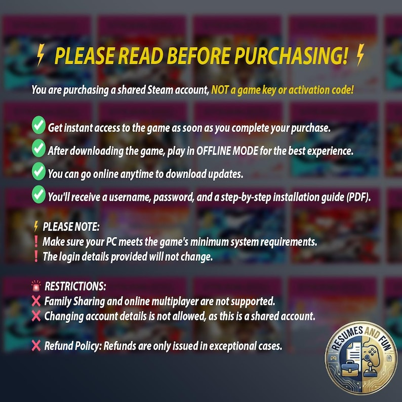 May include: A graphic with the text "PLEASE READ BEFORE PURCHASING!" detailing a shared Steam account. It explains access, offline mode, updates, and installation. Restrictions include no family sharing or multiplayer, and no account detail changes.