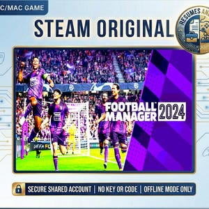Op de afbeelding: Promotieafbeelding voor het PC/Mac-spel "Football Manager 2024". De afbeelding toont een voetbalteam in paarse uniformen op een groen veld, met de titel en het logo van het spel. De achtergrond is een stadion vol toeschouwers.