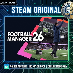 May include: A promotional image for the PC/Mac game "Football Manager 26". The image features a person in a blue jacket on a football field, with the game's title and "Steam Original" prominently displayed. The background shows a stadium and the text "Resumes and Fun".