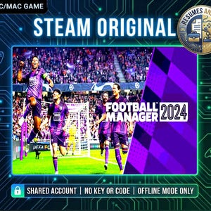 Puede incluir: Imagen promocional del juego para PC/Mac "Football Manager 2024". La imagen muestra un equipo de fútbol con uniformes morados, con el título del juego y el texto "Steam Original". El fondo es un estadio lleno de espectadores. También incluye el texto "Resumes and Fun".