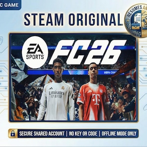 Puede incluir: Imagen promocional del juego para PC FC26, con el logotipo de EA Sports y el texto "STEAM ORIGINAL". La imagen muestra a dos jugadores de fútbol con sus camisetas de equipo, con el texto "UEFA CHA" visible. La parte inferior de la imagen incluye texto sobre las características del juego.