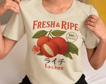Camiseta vintage com lichia fresca e madura | Coleção Offdanforth Essentials, Moda de verão, Roupa casual, Ideia de presente, Camiseta unissex de algodão pesado