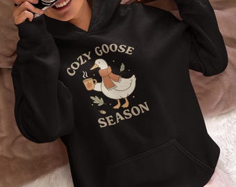 Moletom com capuz aconchegante Goose Season, moletom com capuz estético de outono para mulheres | Moletom fofo Goose Autumn Coffee, estilo outono, moda aconchegante