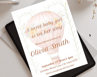 A Sweet Baby Girl Is On Her Way – Hot Air Balloon Baby Shower Invitation (Digital Template)