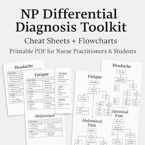 May include: Black and white printable cheat sheets and flowcharts for nurse practitioners and students. The sheets cover common diagnoses such as headache, fatigue, abdominal pain, and more.