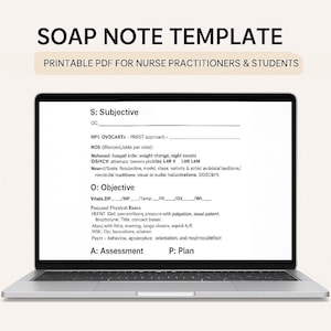 May include: A printable SOAP note template for nurse practitioners and students. The template is divided into four sections: Subjective, Objective, Assessment, and Plan. The template includes a list of common medical abbreviations and acronyms.