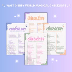 Könnte beinhalten: Eine Sammlung von fünf Walt Disney World Magical Checklists. Jede Checkliste hat eine andere Farbe und zeigt einen Parknamen: Epcot, Hollywood Studios, Animal Kingdom und Magic Kingdom. Die Checklisten enthalten Abschnitte für Fahrgeschäfte, Snacks und Nachtshows.