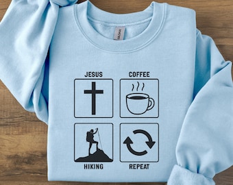 Moletom cristão para trilhas, estampa "Jesus Coffee Hiking Repeat" (Jesus, Café, Caminhadas, Repita), presente para amantes da fé e da natureza, blusa para aventuras ao ar livre.