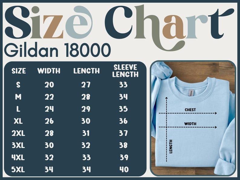 Gildan 18000 Size Chart Sweatshirt, Sweatshirt Measurement Guide, Custom Sweatshirt Sizes, Accurate Sizing Chart, Chest Width Length Sleeves