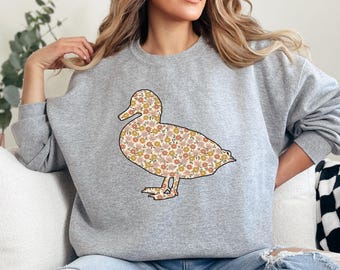 Duck Sweatshirt, Floral Duck Sweatshirt, Cute Animal Sweatshirt, Unique Duck Design, Trendy Sweatshirt, Gift for Her, Bird Lover Gift