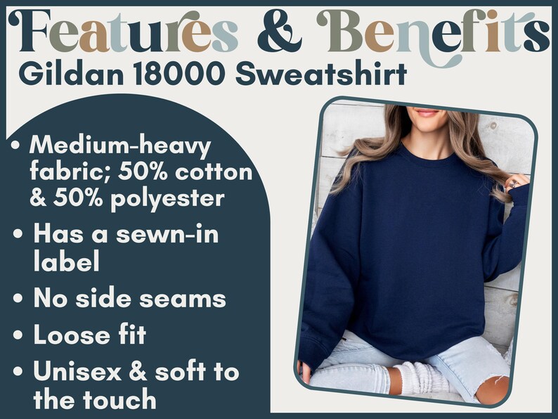 Gildan 18000 Sweatshirt, Medium-heavy Fabric, 50% Cotton 50% Polyester, Sewn-in Label, No Side Seams, Loose Fit, Unisex and Soft to Touch
