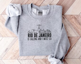 Sudadera con la frase "Río de Janeiro Calling", regalo para amantes de los viajes, sudadera con la frase "Brasil", sudadera con el horizonte de la ciudad, sudadera con el Cristo Redentor