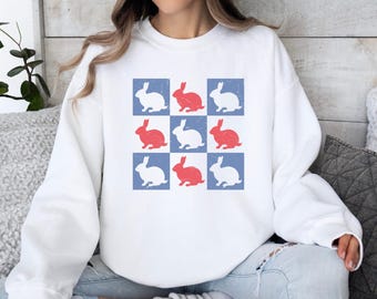 Kaninrutigt tröja, retro kanindesign, söt djurtröja, tröja i sliten stil, unik presentidé, trendig tröja