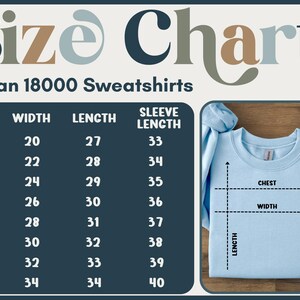 Gildan 18000 Sweatshirts size chart with width, length, and sleeve length measurements.