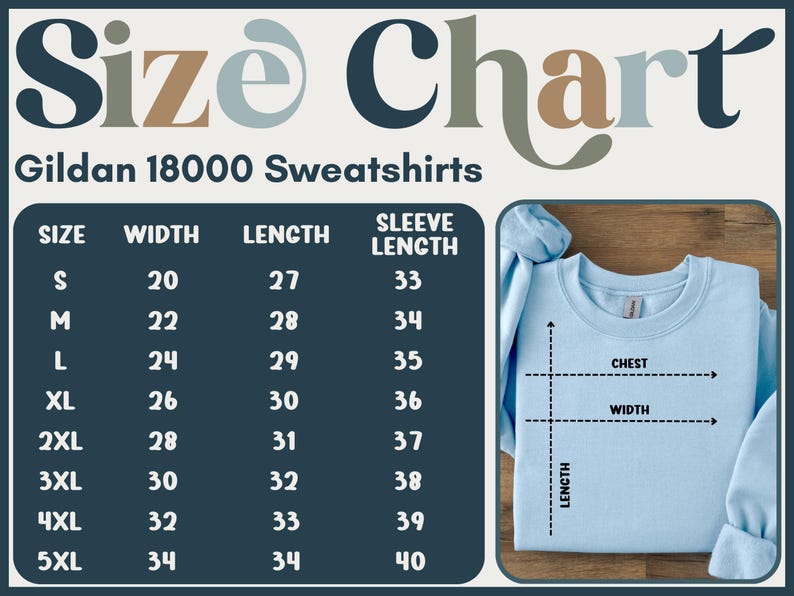 Gildan 18000 Sweatshirts size chart with width, length, and sleeve length measurements.