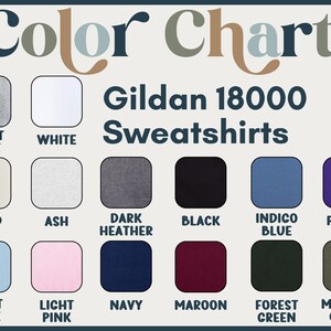 Gildan 18000 sweatshirts color chart with swatches: Sport Grey, White, Sand, Ash, Dark Heather, Black, Indigo Blue, Purple.