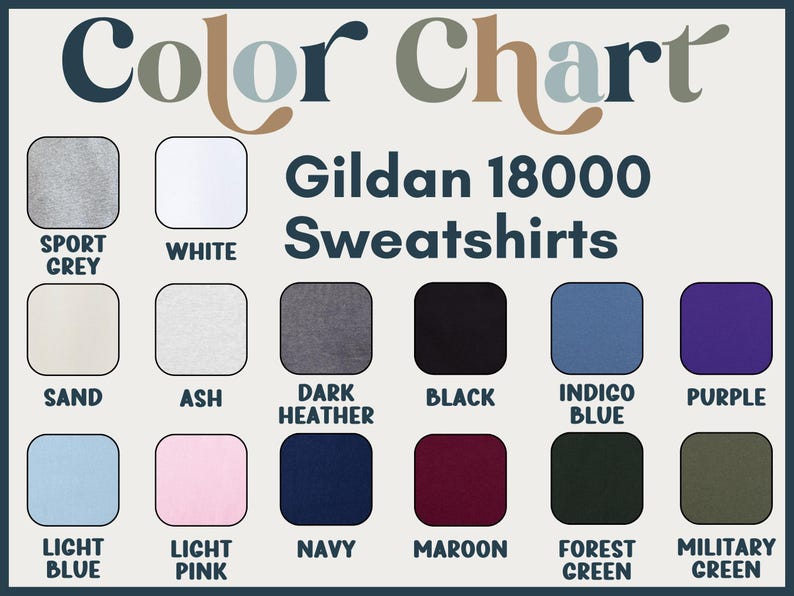 Gildan 18000 sweatshirts color chart with swatches: Sport Grey, White, Sand, Ash, Dark Heather, Black, Indigo Blue, Purple.
