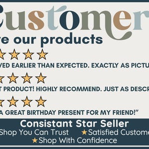 Customer reviews featuring stars and text: "Arrived earlier than expected," "Great product," and "Birthday present."
