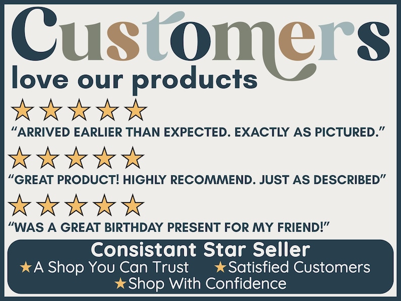 Customer reviews featuring stars and text: "Arrived earlier than expected," "Great product," and "Birthday present."