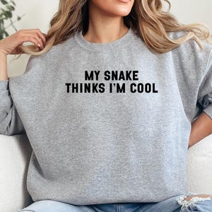 Peut inclure: Un sweat-shirt gris clair avec le texte noir "MY SNAKE THINKS I'M COOL". Ce sweat-shirt à col rond et manches longues est fait d'une matière douce.