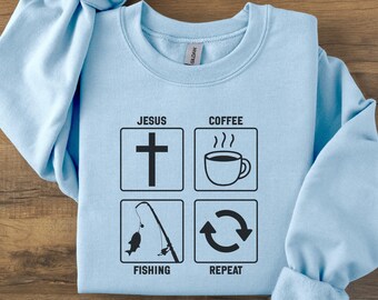 Jesus-Kaffee-Fischen-Wiederholungs-Sweatshirt, christliches Fischer-Geschenk, auf Glauben basierte Angler-Pullover, religiöse Outdoorsy Dad-Pullover
