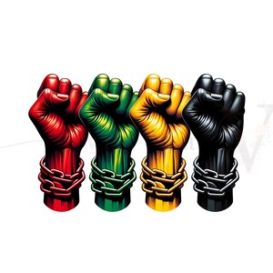 Peut inclure: Illustration graphique de quatre poings fermés, rouges, verts, jaunes et noirs, chacun entouré d'une chaîne. L'image, aux couleurs vives et aux ombres détaillées, véhicule un message d'unité et de force, possiblement de solidarité.