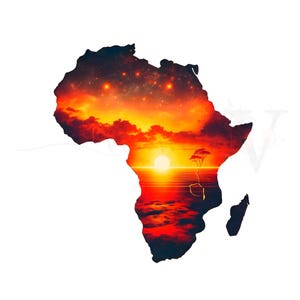 Puede incluir: Una imagen vibrante del continente africano llena de una escena de puesta de sol. La silueta de África está llena de un cielo naranja y rojo ardiente, un sol brillante y un árbol solitario. La imagen evoca calidez y aventura.