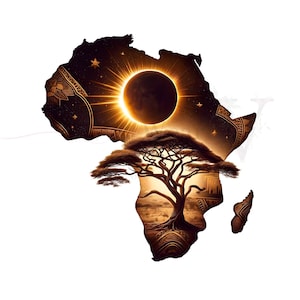 Puede incluir: Una representación artística del continente africano. La imagen presenta un mapa estilizado de África con un eclipse solar en el centro y un árbol en primer plano. La paleta de colores incluye tonos de marrón, dorado y negro.