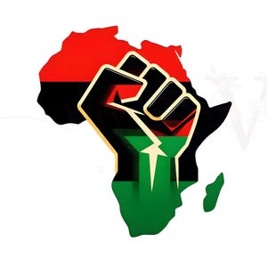 May include: A graphic illustration of the African continent in red, black, and green, with a raised fist overlay. The fist is black with a gold outline and a lightning bolt design.